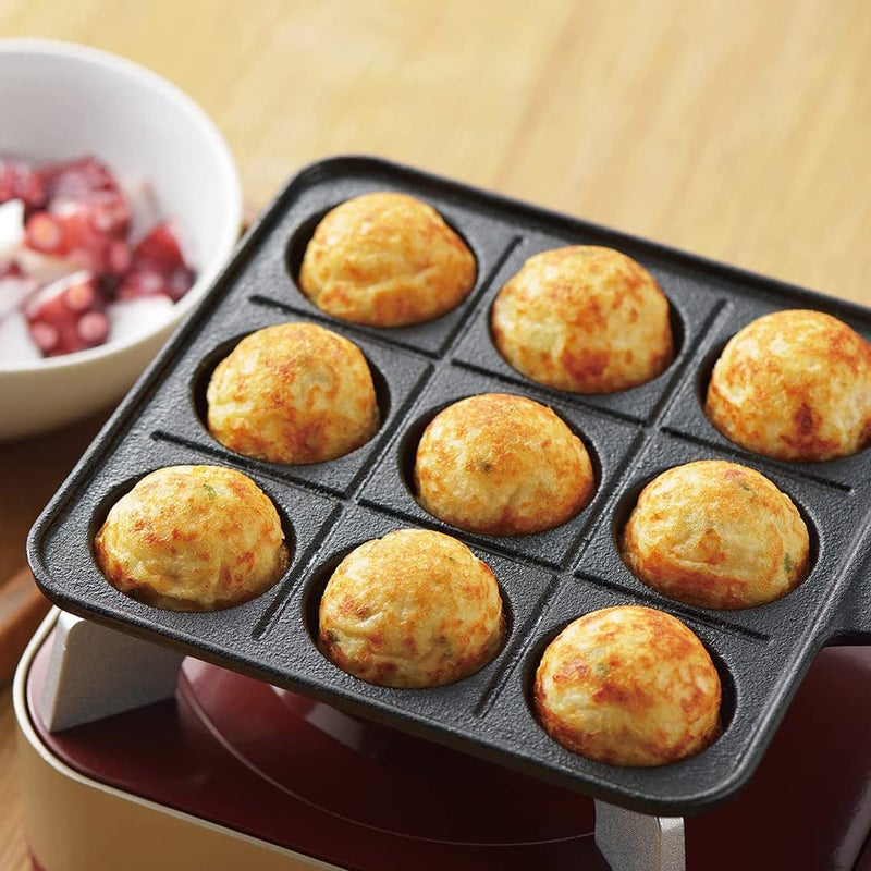 TIKUSAN Takoyaki Pan Cast Iron Takoyaki Maker Skillet Griddle Japanese Octopus Meat Ball Mold Maker for Gas Heater (9 Molds) - Image 2